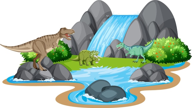 Free Vector scene with dinosaurs by waterfall