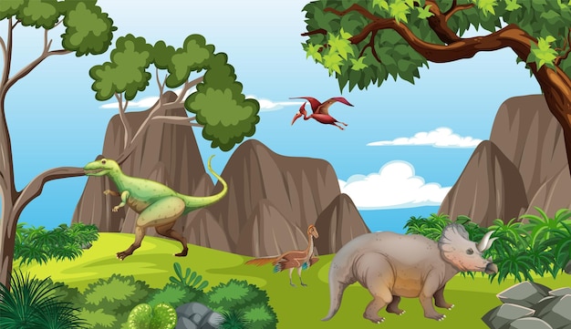 Scene with dinosaurs in the forest