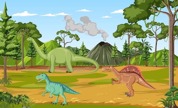 Scene with dinosaurs in the forest