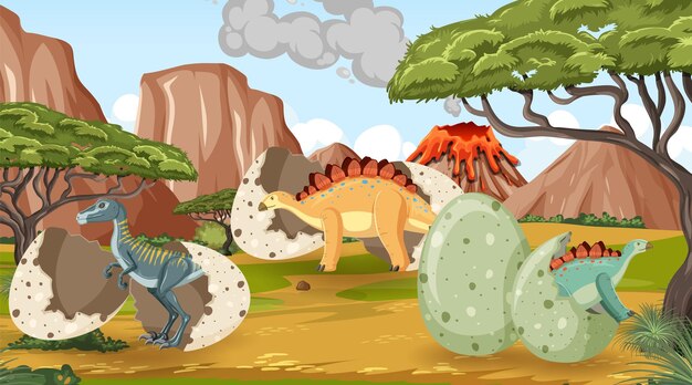 Scene with dinosaurs in the forest