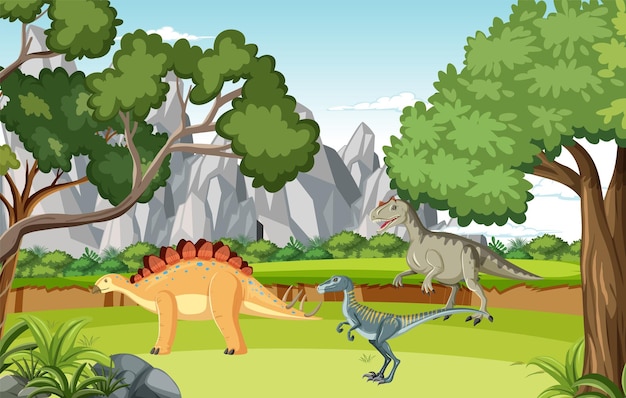 Scene with dinosaurs in the forest