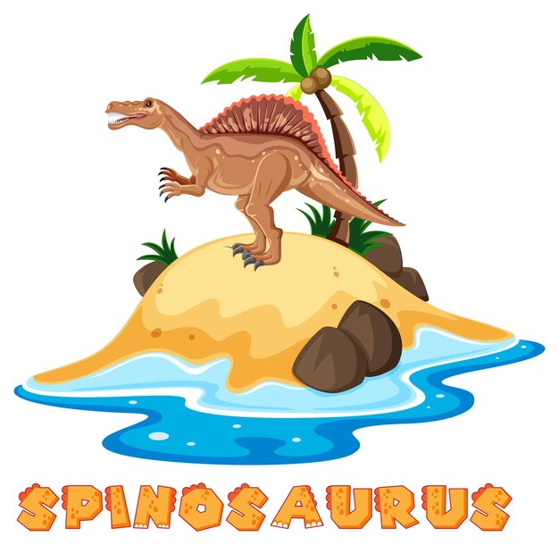 Scene with dinosaurs spinosaurus on island with text design