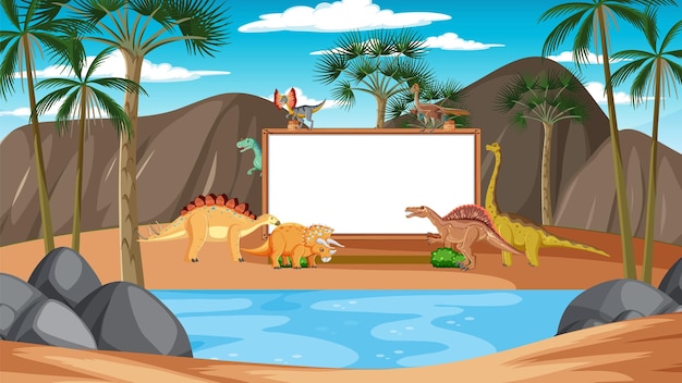 Scene with dinosaurs and whiteboard in the forest