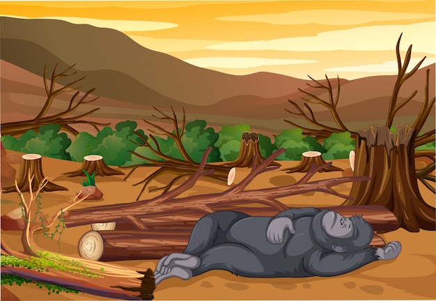 Scene with dying monkey and deforestation