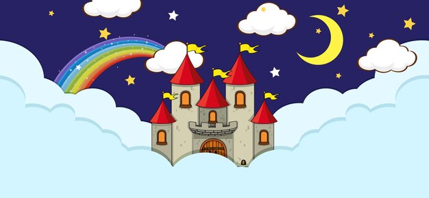 Free vector scene with fantasy castle on the cloud at night