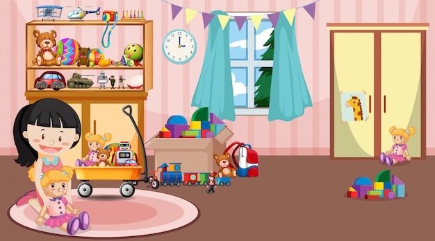 Scene with girl playing toys in the room