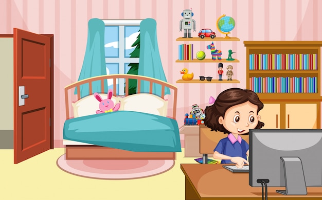 Scene with girl working on computer in the bedroom