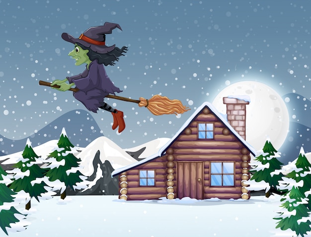 Free Vector scene with green witch flying in winter time