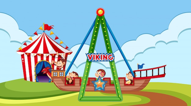 Scene with happy monkeys riding viking ship in the park