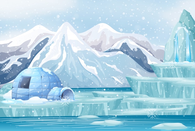 Scene with igloo in the snow mountain