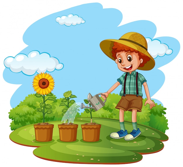 Free vector scene with kid planting trees in the garden