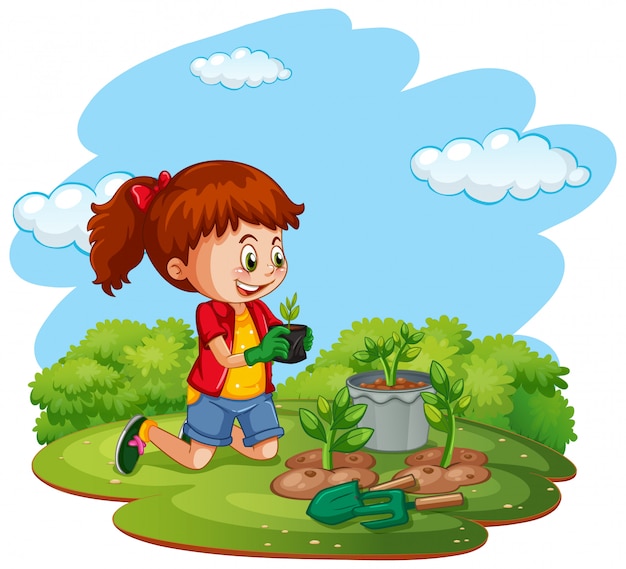 Scene with kid planting trees in the garden