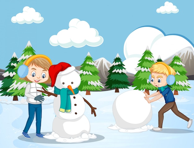 Free vector scene with kids making snowman in the snow field