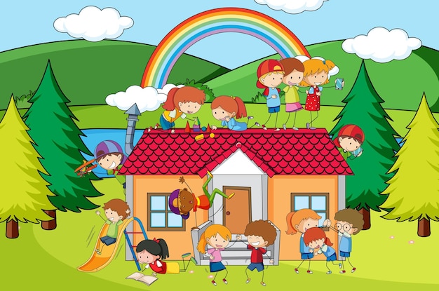 Free Vector scene with kids playing at home