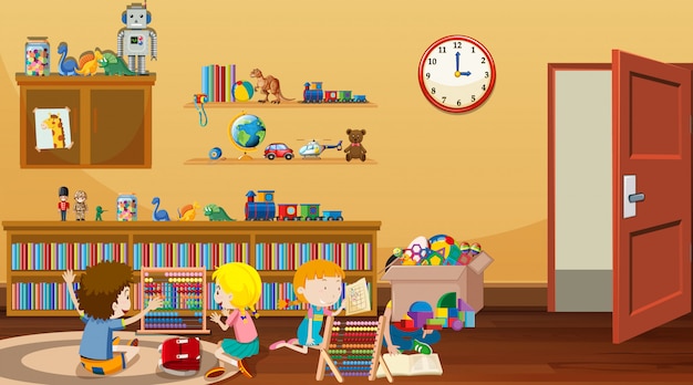 Scene with kids reading and playing in the room