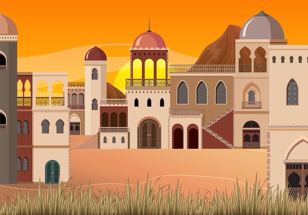 Free Vector scene with many buildings in village