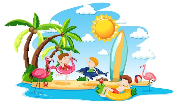 Free vector scene with many kids playing on the island