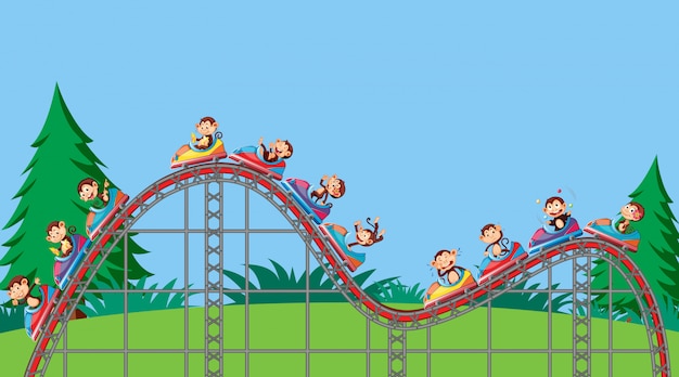 Free Vector scene with monkeys riding on roller coaster in the park