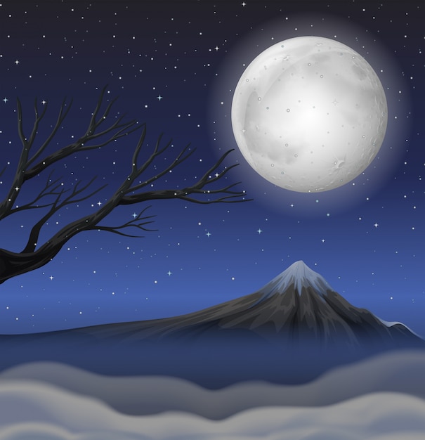 Free Vector scene with mountain on fullmoon night