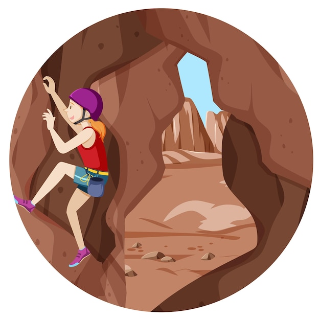 Free Vector scene with people climbing rocky moutain on circle artboard