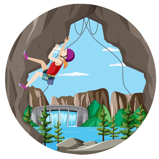 Free Vector scene with people climbing rocky moutain on circle artboard