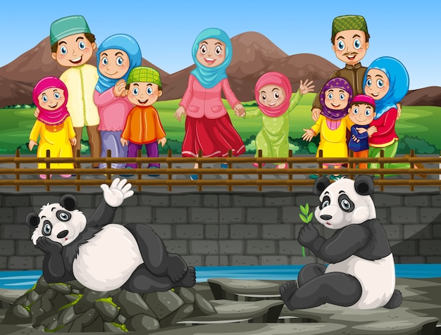 Free Vector scene with people looking at panda in the zoo