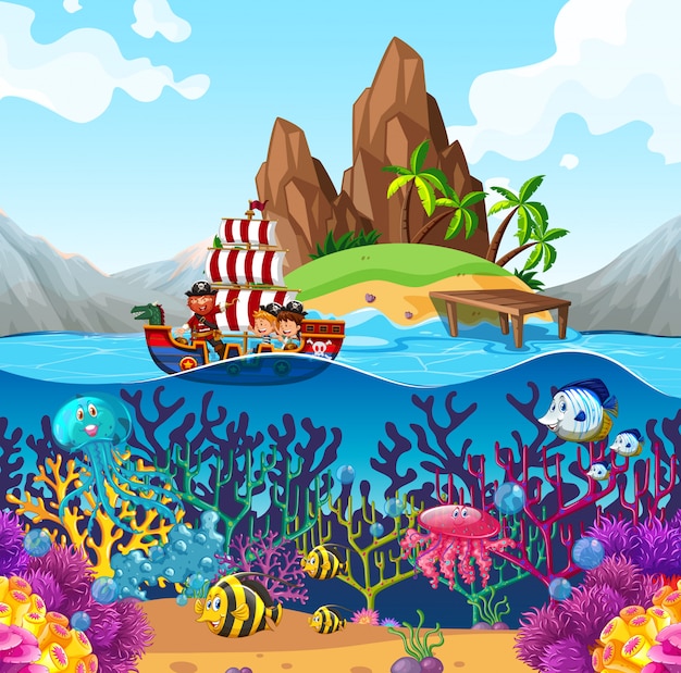 Free vector scene with pirate ship in the ocean