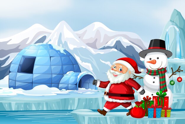 Scene with santa and snowman on christmas