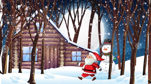 Scene with Santa and snowman in the snowy night