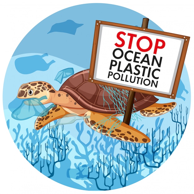 Free Vector scene  with sea turtle holding stop plastic pollution