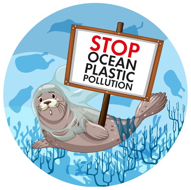 Scene  with seal holding stop plastic pollution