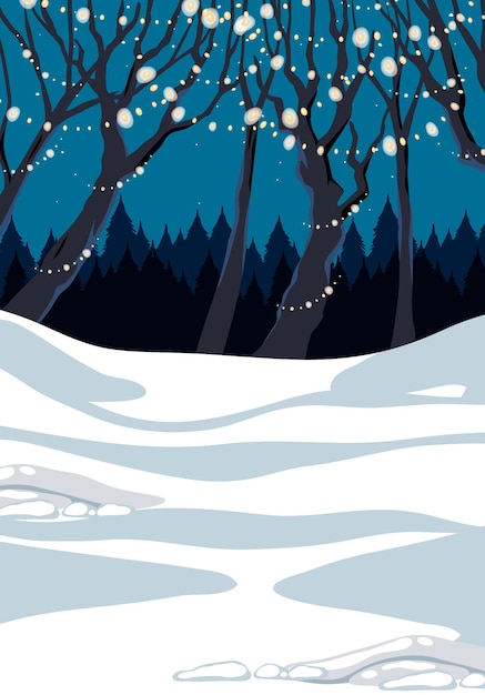 Free vector scene with snow ground and tree decorated with lights