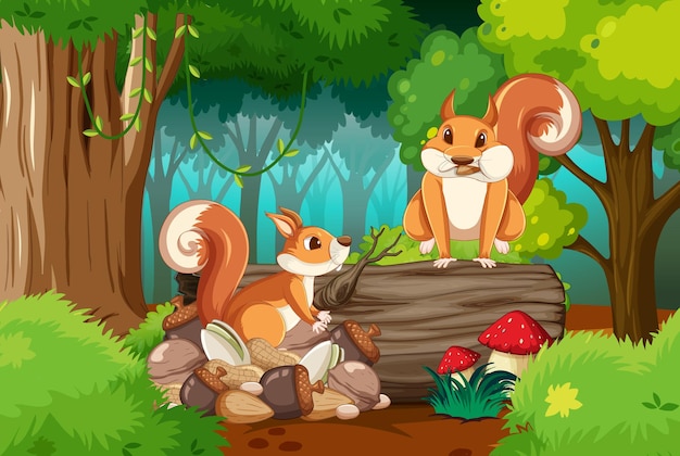 Free vector scene with squirrels in forest