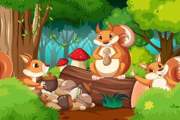 Free Vector scene with squirrels in forest