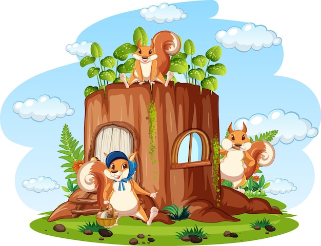 Scene with squirrels in garden