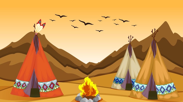 Free vector scene with teepee and campfire