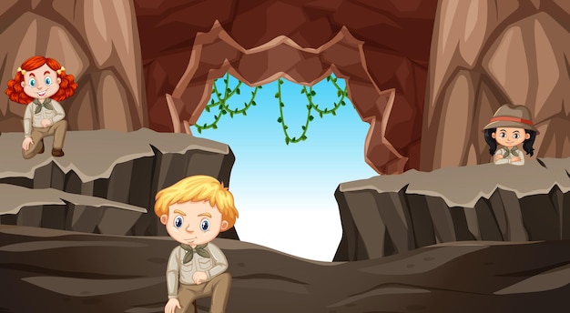 Free Vector scene with three kids in the cave