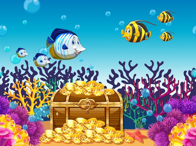 Free Vector scene with treassure and fish underwater