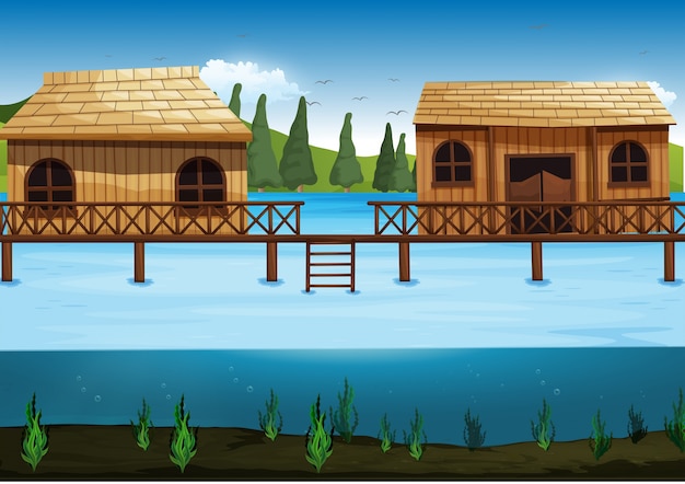 Free Vector scene with two houses in the river