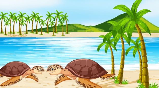 Scene with two sea turtles on the beach