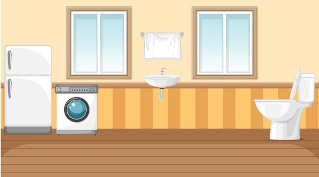 Scene with washing machine and refrigerator in the toilet