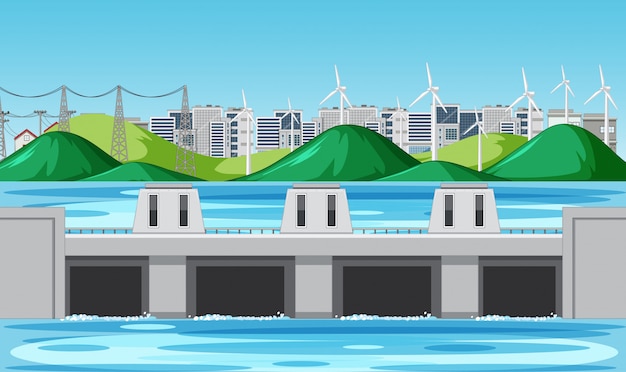 Free Vector scene with water dam and wind turbines on the hills