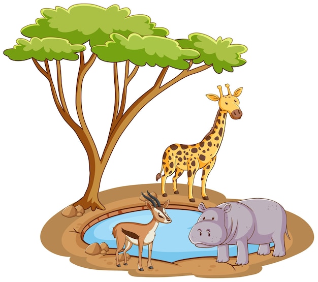 Free Vector scene with wild animals by the pond