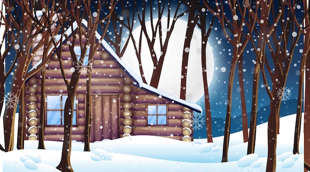 Scene with wooden hut in snow winter