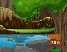 Free vector scene of zoo park with pond and tree