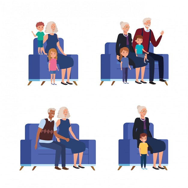 Free Vector scenes of grandparents with grandchildren seated in sofa