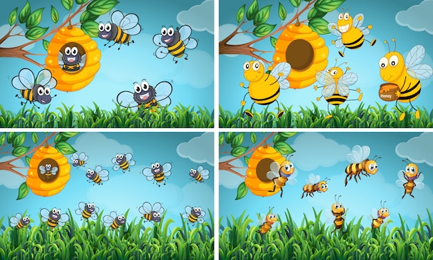 Free vector scenes with bees and beehive