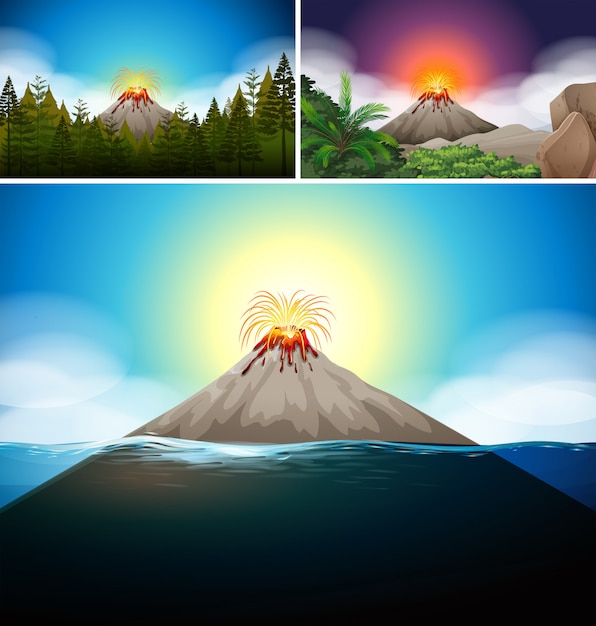 Free Vector scenes with volcano in forest and ocean