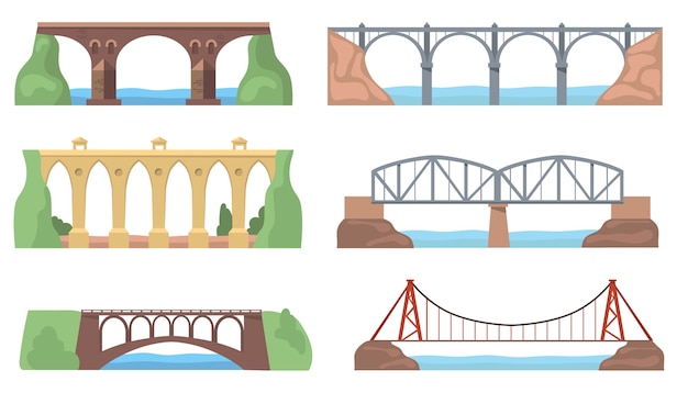 Scenic views with bridges set. Arch constructions, aqueducts, rivers, cliffs, landscapes isolated . Flat vector illustrations for architecture, landmark, transportation concept