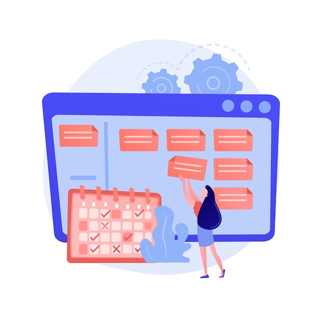 Free vector scheduling, planning, setting goals. schedule, timing, workflow optimization, taking note of assignment. businesswoman with timetable cartoon character.